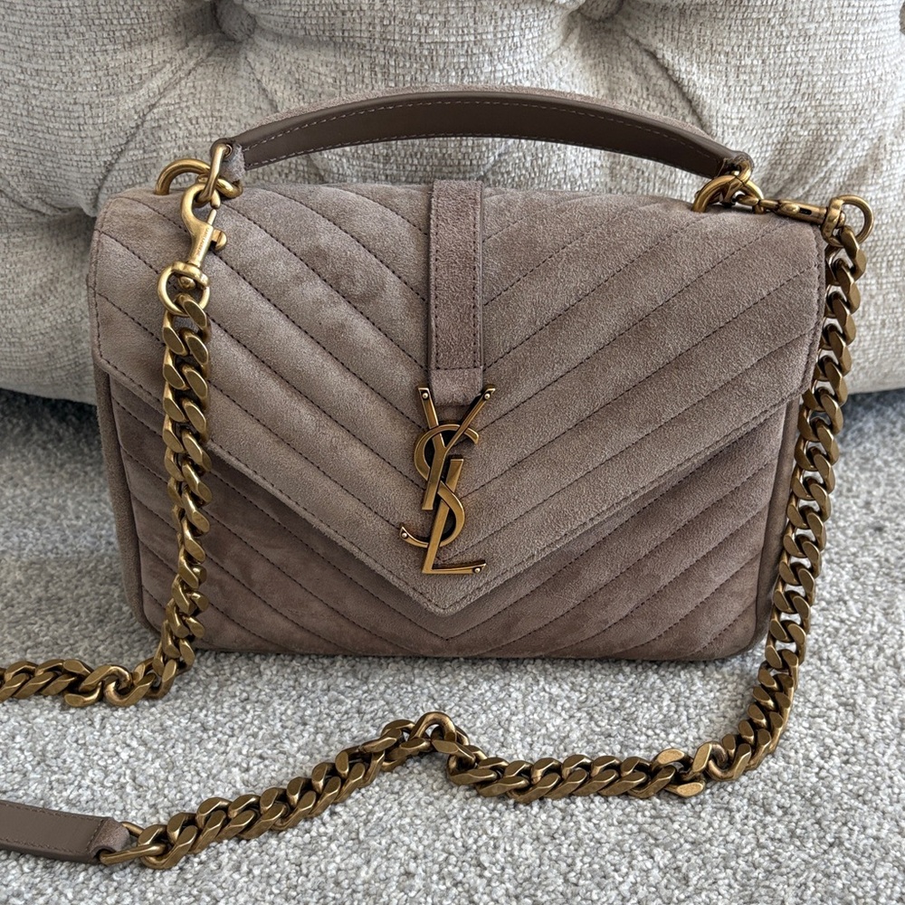 Yves Saint Laurent Small College Suede Bag in color “Rosy Sand”